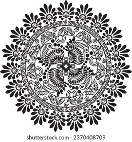 Indian Traditional and Cultural Rangoli, Alpona, Kolam, or Paisley vector line art. Bengal art India. for textile printing, logo, wallpaper	
