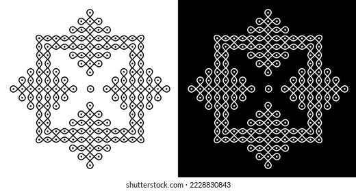 Indian Traditional and Cultural Rangoli  or Kolam design pattern isolated on black and white background - vector illustration 