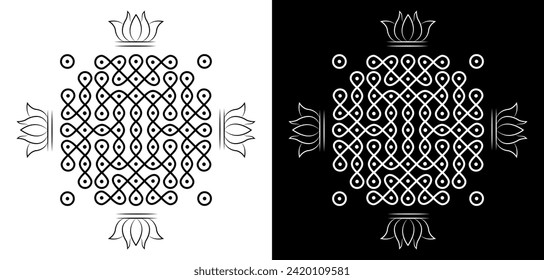 Indian Traditional and Cultural Rangoli or Kolam design concept isolated on black and white backgrounds - vector illustration