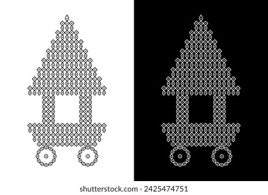 Indian Traditional and Cultural Rath or Temple vehicle design concept of Rangoli or kolam isolated on black and white background - vector illustration