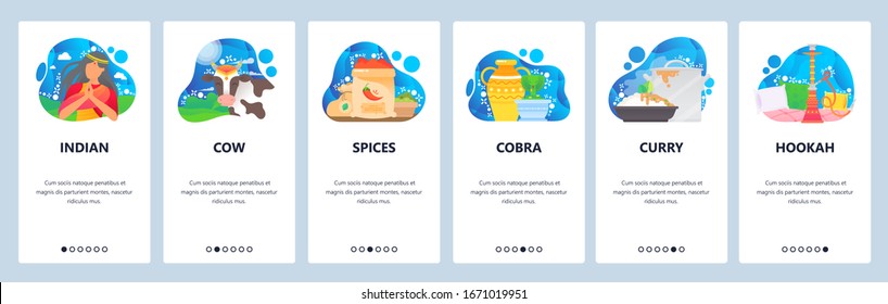 Indian traditional culture and food. Indian girl, holy cow, spices, curry. Mobile app onboarding screens. Menu vector banner template for website and mobile development. Web site design illustration.