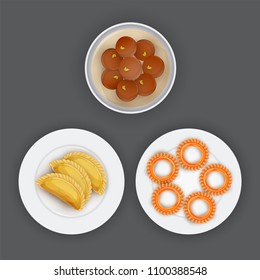 Indische traditionelle Desserts wie Shahi Gulab Jamun, Gujhiya und Imarti oder Jalebi auf grauem Hintergrund. 