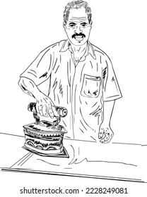 Indian traditional dhobi washerman holding old vintage iron, Indian washerman ironing clothes with old retro iron sketch drawing vector illustration, Elderly Indian man stroking the clothes iron