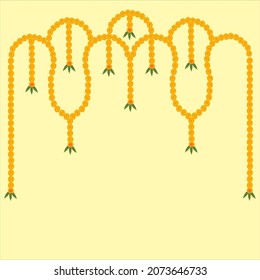 Indian traditional door hanging decoration with yellow and orange flowers with green leaves in half circle on light yellow color background.