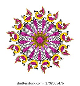 Indian traditional drawing of happiness Rangoli. Round shape, stylization of flower and birds, 13 repeating elements. Vector illustration isolated on a white background.
