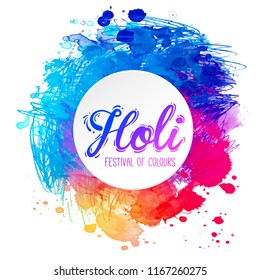Indian traditional festival of colors Holi and Dolyatra background. Colorful decorative watercolor illustration. Invitation card in vector.