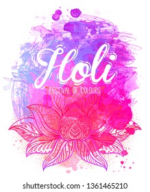 Indian traditional festival of colors Holi and Dolyatra background. Colorful decorative watercolor illustration. Invitation card in vector.