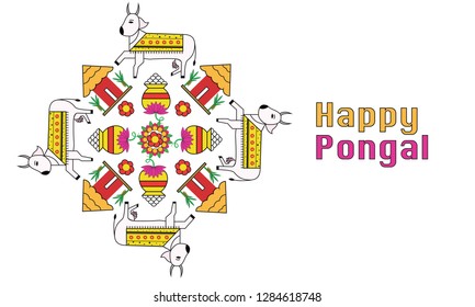 Indian traditional festival, ethnic pattern and rangoli design with pot, house, trees, cow, gobbemmalu, happy Happy Sankranti, Happy Makar Sankranti, Happy pongal  Background .
