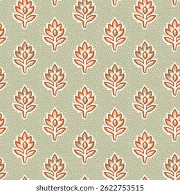 Motif traditionnel indien imprimé en blocs de fleurs. Motif rétro floral harmonieux. Flore stylisée sur fond vert à points de menthe. 