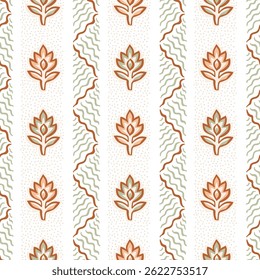 Motif traditionnel indien imprimé en blocs de fleurs. Motif rétro floral harmonieux. Flore stylisée et lignes ondulées sur fond blanc. 
