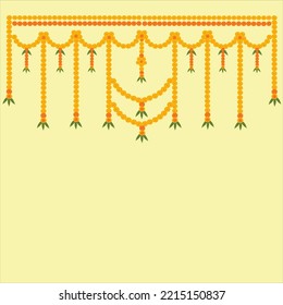 Indian traditional floral decoration Toran of marigold flowers and mango leaves arranged in loops on yellow color background.