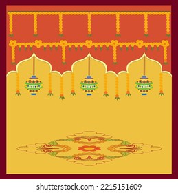 Indian traditional floral decoration Toran of marigold flowers and mango leaves arranged on red arch and green lanterns and rangoli design at the bottom on yellow color background.