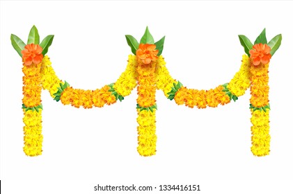 Indian traditional, floral festive garland (toran) with zendu flowers (marigold) and mango leaves isolated on white. Vector illustration.