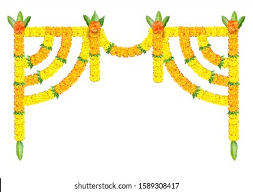 Indian traditional floral festive garland (toran) with zendu flowers (marigold) and mango leaves isolated on white. Luxurious decoration for doorway. Vector illustration.