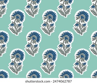 INDIAN TRADITIONAL FLORAL SANGANERI BLOCK PRINT SEAMLESS PATTERN VECTOR ILLUSTRATION