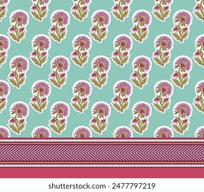 INDIAN TRADITIONAL FLORAL SANGANERI BLOCK PRINT WITH BORDER SEAMLESS PATTERN VECTOR ILLUSTRATION