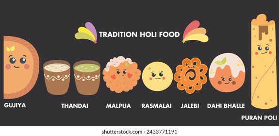 Indian traditional food items for holi festival,vector set,food and drink clip-art,cartoon set.