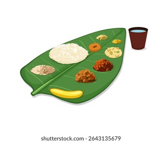 Indian Traditional Food Plate Illustration, Banana Leaf Plate with Food Vector Art