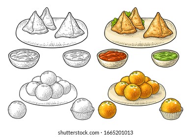 Indian traditional food. Samosa on plate with sauces in bowl. Vector color and black vintage engraving illustration. Isolated on white background