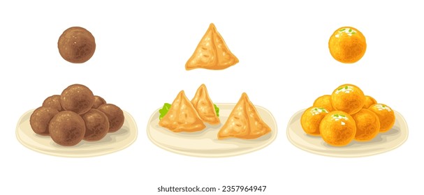 Indian traditional food. Samosa with sauces in bowl. Sweets ladoo in plate and single. Gulab jamun on chapati. Vector color vintage engraving illustration. Isolated on white