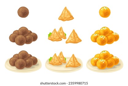 Indian traditional food. Samosa with sauces in bowl. Sweets ladoo in plate and single. Gulab jamun on chapati. Vector color vintage engraving illustration. Isolated on white