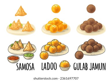 Indian traditional food. Samosa with sauces in bowl. Sweets ladoo in plate and single. Gulab jamun on chapati. Vector color vintage engraving illustration. Isolated on white