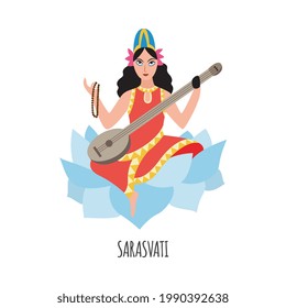 Indian traditional goddess of Wisdom Sarasvati female cartoon character for Vasant Panchami religious festival, vector illustration isolated on white background.