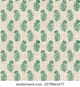 Indian Traditional green Block Print Floral Booti Design Seamless Repeat pattern on ivory background for textile, scarf Vector format editable