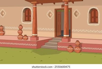 Indian Traditional House Front Background Vector, village 
house front view, wooden pillars, door with many pots, beautiful pattern design, Indian village house illustration