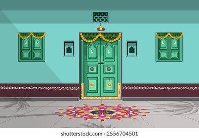 Indian Traditional House front Background Vector design, Indian Village House Festival Decoration, Rangoli, Traditional House Door Illustration