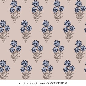Indian Traditional Kalamkari Botanical blue Floral batik block print screen print booti motif design allover seamless repeat pattern on beige background.