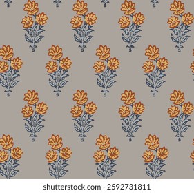 Indian Traditional Kalamkari Botanical yellow Floral batik block print screen print booti motif design allover seamless repeat pattern on gray background.