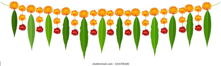 Indian traditional mala garland mango leaves and orange flowers. Isolated on white vector cartoon illustration