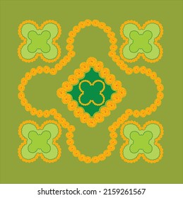 Indian traditional marigold floral rangoli design with  beautiful shades of green in geometrical and floral shape on sap green color background. 