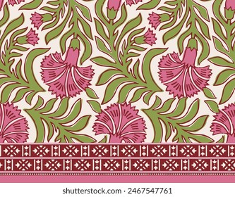 INDIAN TRADITIONAL MARIGOLD FLORAL SEAMLESS PATTERN WITH BORDER FRAME ALL OVER PRINT VECTOR ILLUSTRATION