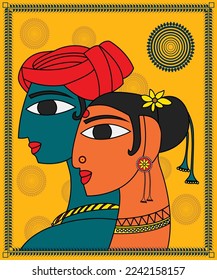 Indian traditional modern art painting. showing his love Indian men and women with traditional wear in art wall painting. Vector, illustration, art, Painting, Kalighat Art.