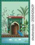 Indian traditional Mughal pichwai art. Wallpaper design Mughal garden with exotic plants arches and a serene lake with swans and water lilies.
