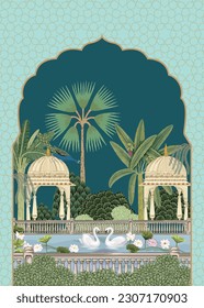 Arte tradicional indio de pichwai mughal, afiche real indio vintage, decoración de sala, ilustración vectorial de arte mural