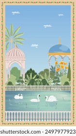 Indian traditional Mughal pichwai art. Wallpaper design Mughal garden with exotic plants arches and a serene lake with swans and water lilies.