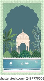 Indian traditional Mughal pichwai art. Wallpaper design Mughal garden with exotic plants arches and a serene lake with swans and water lilies.
