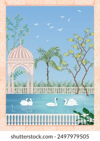 Arte tradicional indio de los pichwai mogoles Diseño de Fondo de pantalla Jardín mogol con arcos de plantas exóticas y un lago sereno con cisnes y lirios de agua.
