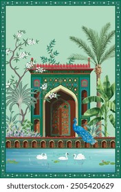 Indian traditional Mughal pichwai art. Wallpaper design Mughal garden with exotic plants arches and a serene lake with swans and water lilies.
