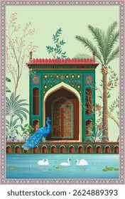 Indian traditional Mughal pichwai art. Wallpaper design Mughal garden with exotic plants arches and a serene lake with swans and water lilies.