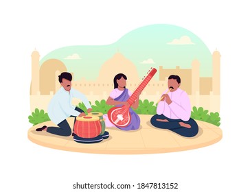 Indian traditional music 2D vector web banner, poster. Ceremony music performance. Indian musicians flat characters on cartoon background. Street concert printable patch, colorful web element
