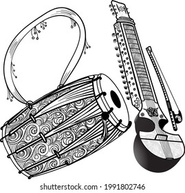 INDISCHES TRADITIONELLES MUSIKINSTRUMENT DHOLAK UND SARANGI WEDI INSTRUMENT CLIP ART SCHWARZ UND WEISSZEILE ZEICHENZEICHEN ILLUSTRATION