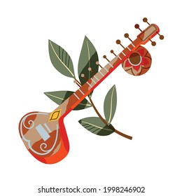 Indian traditional music instrument sitar. Musical tool and green branch with leaves composition vector illustration. Tourism in India symbols isolated on white background.