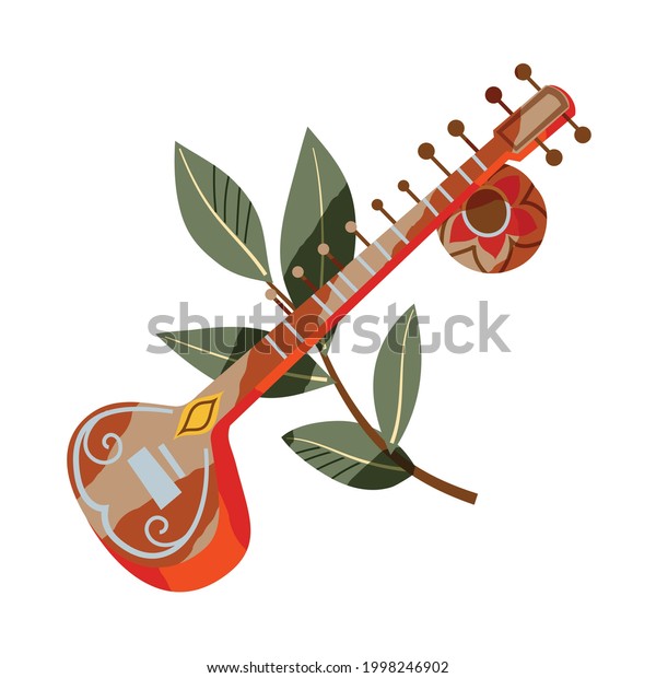 Indian traditional
music instrument sitar. Musical tool and green branch with leaves
composition vector illustration. Tourism in India symbols isolated
on white background.