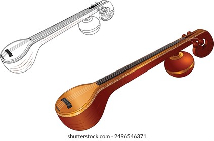 Instrumento musical tradicional indio Veena, color y Vector negro