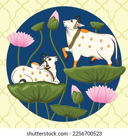 Indian Traditional Painting like Cow sitting on Lotus leaf