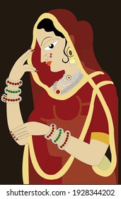 Pinturas tradicionales indias - Pintura miniatura de una mujer | Pintura de Rajasthani | Vector